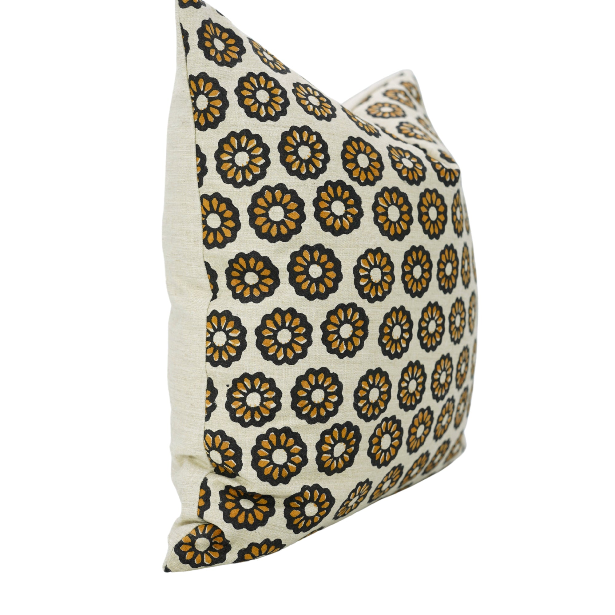 Handblock Printed Black and Mustard Floral Boho Throw Cushion Protector in Linen Blend – Bulbul
