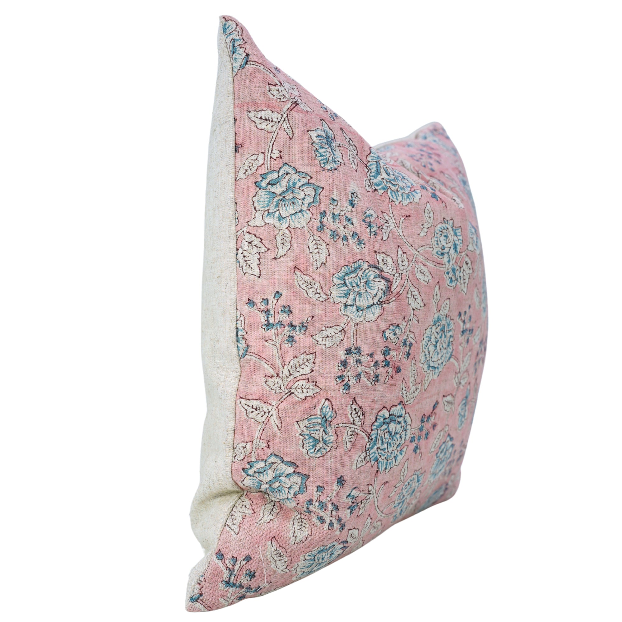 Handcrafted Light Pink and Gray Floral Throw Square Pillow Case in Viscose Linen – Rameshwaram
