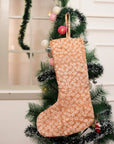 Brown Sugar Floral 100% Pure Linen Block Printed Christmas Stockings Ola Vrishti Tree Design with Pompom for Bedroom Decor