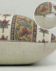 Handblock Printed Throw Cushion Case in Pink, Brown & Gray Vine Floral Linen Blend For Living Room - Laxmi