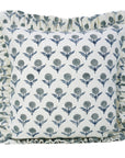 Block Printed Floral Off-White Linen Gray Frill Cushion Case for Farmhouse Decor - Genda Pushpa