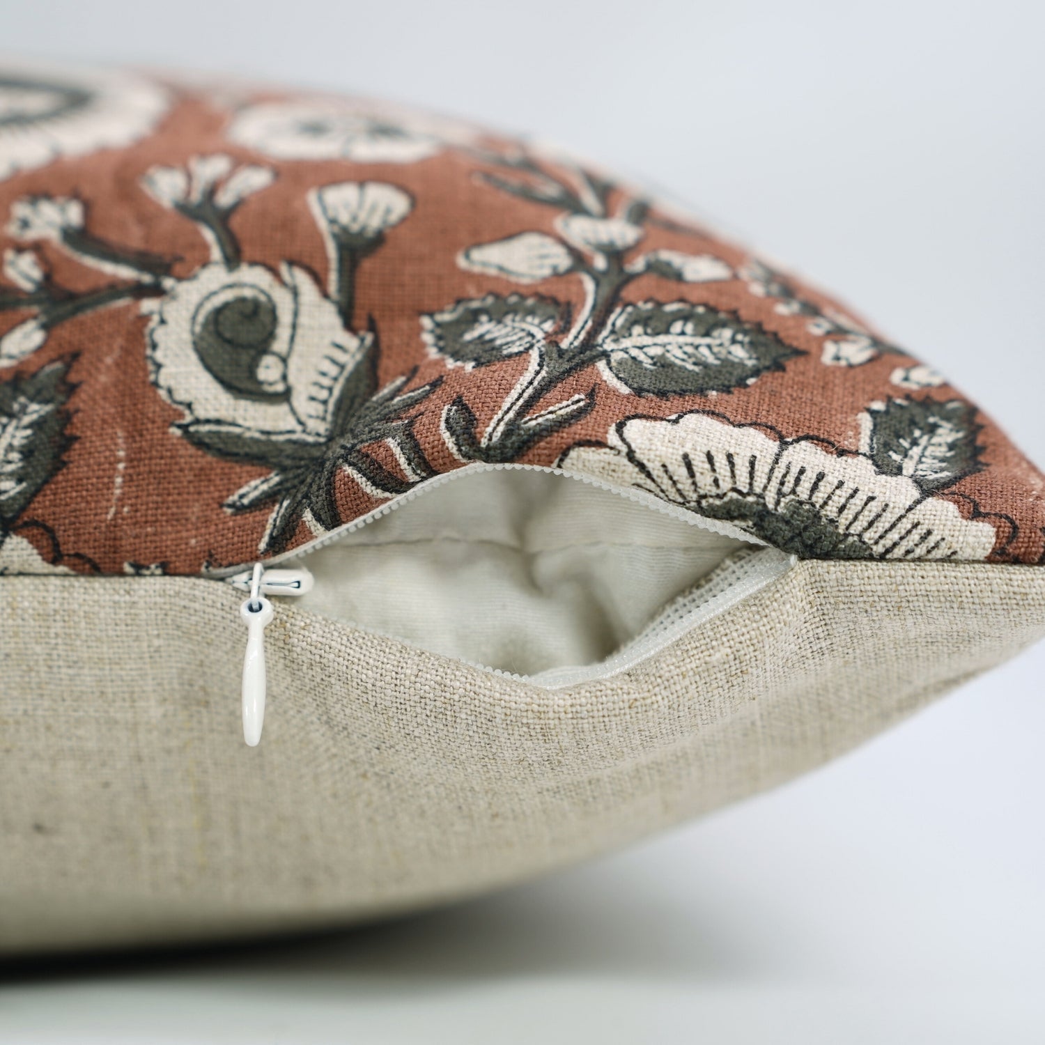 Handblock Printed Red Sunflower Boho Throw Cushion Cover for Indoor Décor in Pure Linen