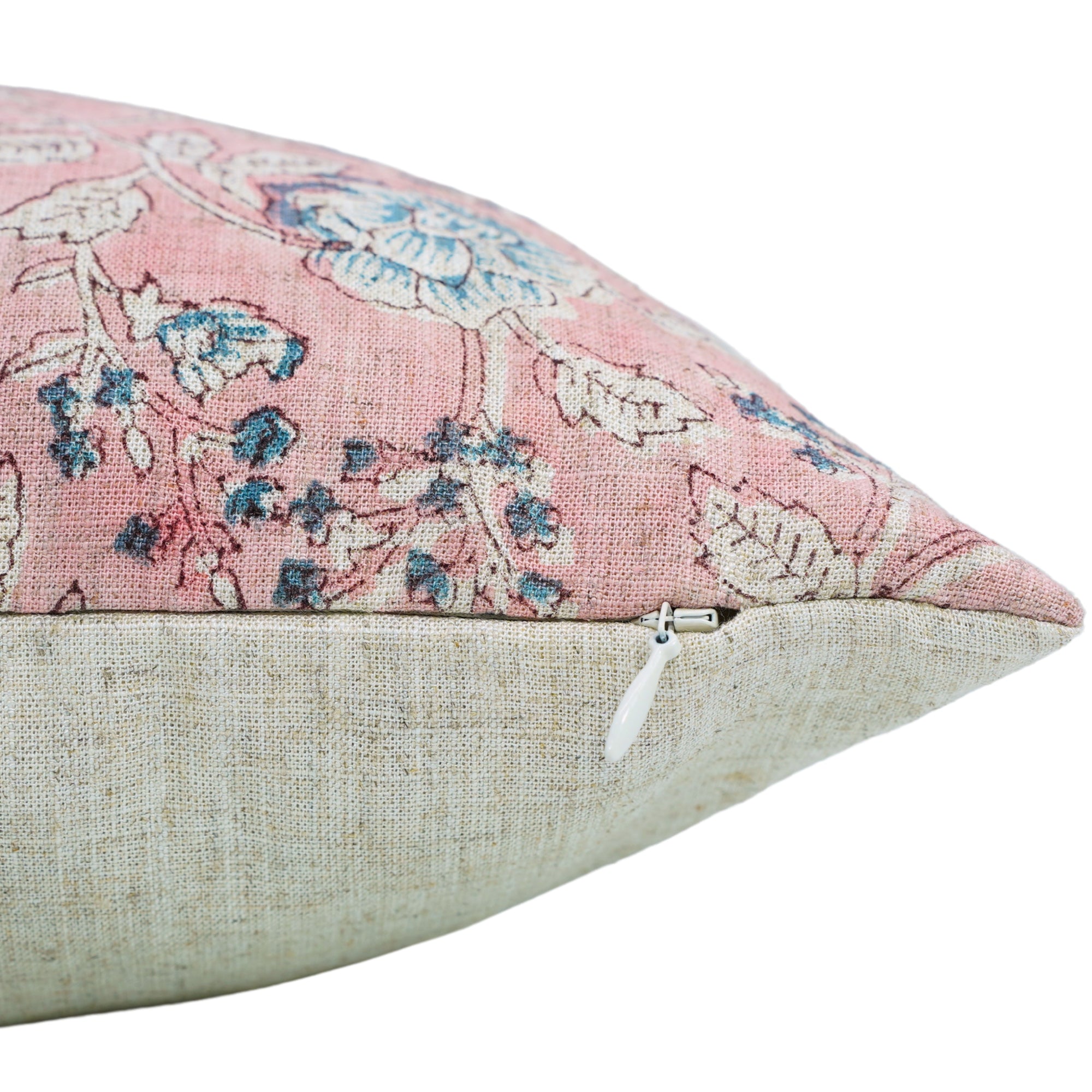 Handcrafted Light Pink and Gray Floral Throw Square Pillow Case in Viscose Linen – Rameshwaram