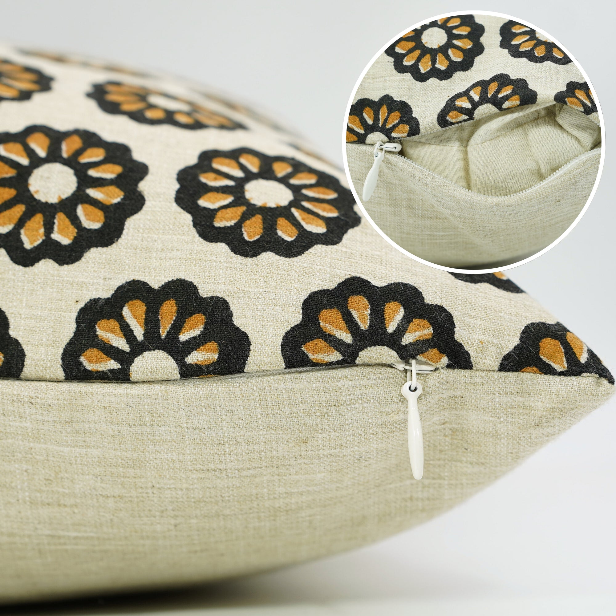 Handblock Printed Black and Mustard Floral Boho Throw Cushion Protector in Linen Blend – Bulbul