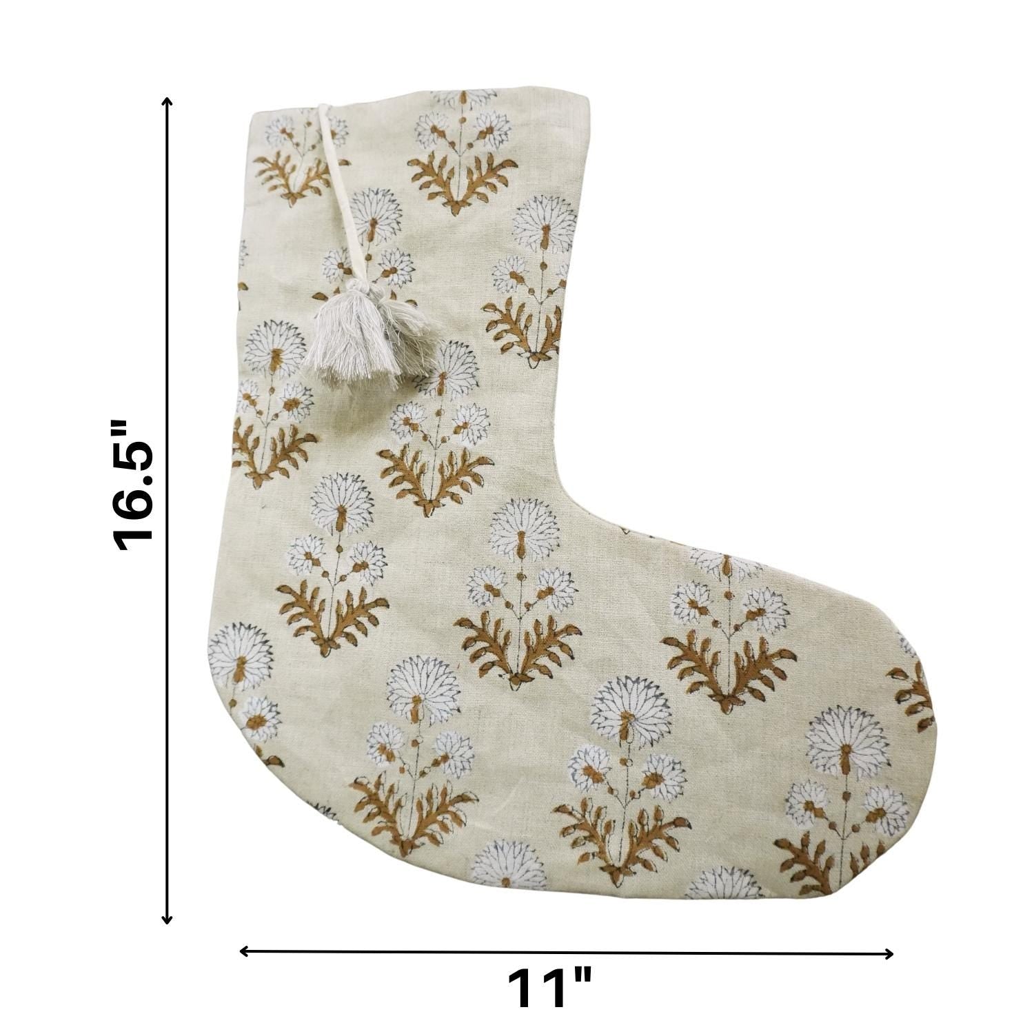 Beige stocking with floral pattern, tassel, and dimensions on white background.
