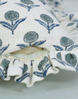 Block Printed Floral Off-White Linen Gray Frill Cushion Case for Farmhouse Decor - Genda Pushpa