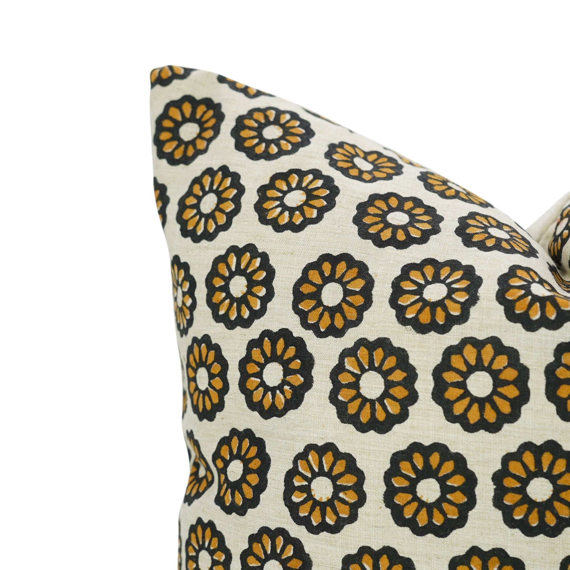 Handblock Printed Black and Mustard Floral Boho Throw Cushion Protector in Linen Blend – Bulbul