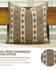 Handblock Printed Throw Cushion Case in Pink, Brown & Gray Vine Floral Linen Blend For Living Room - Laxmi