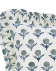 Block Printed Floral Off-White Linen Gray Frill Cushion Case for Farmhouse Decor - Genda Pushpa