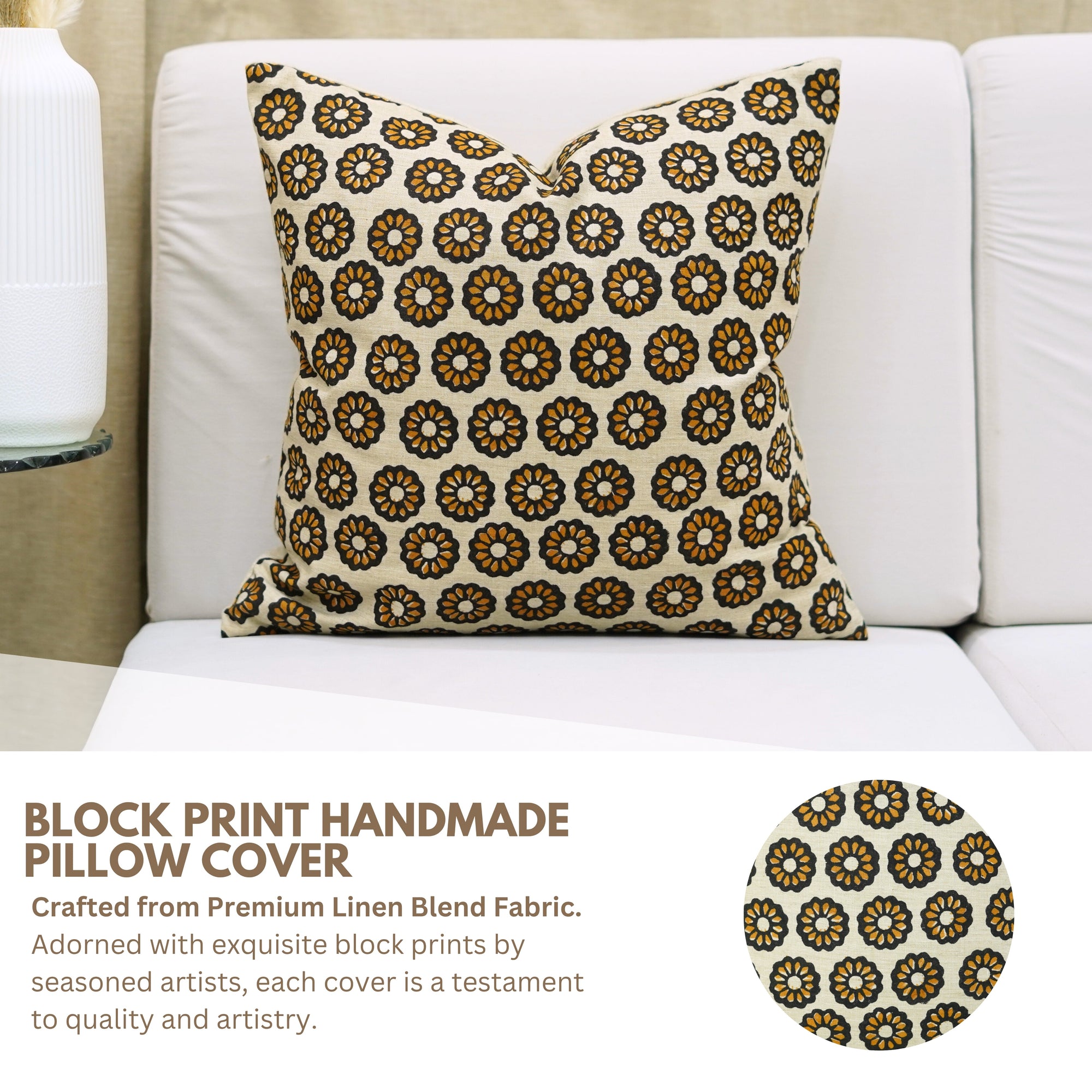 Handblock Printed Black and Mustard Floral Boho Throw Cushion Protector in Linen Blend – Bulbul
