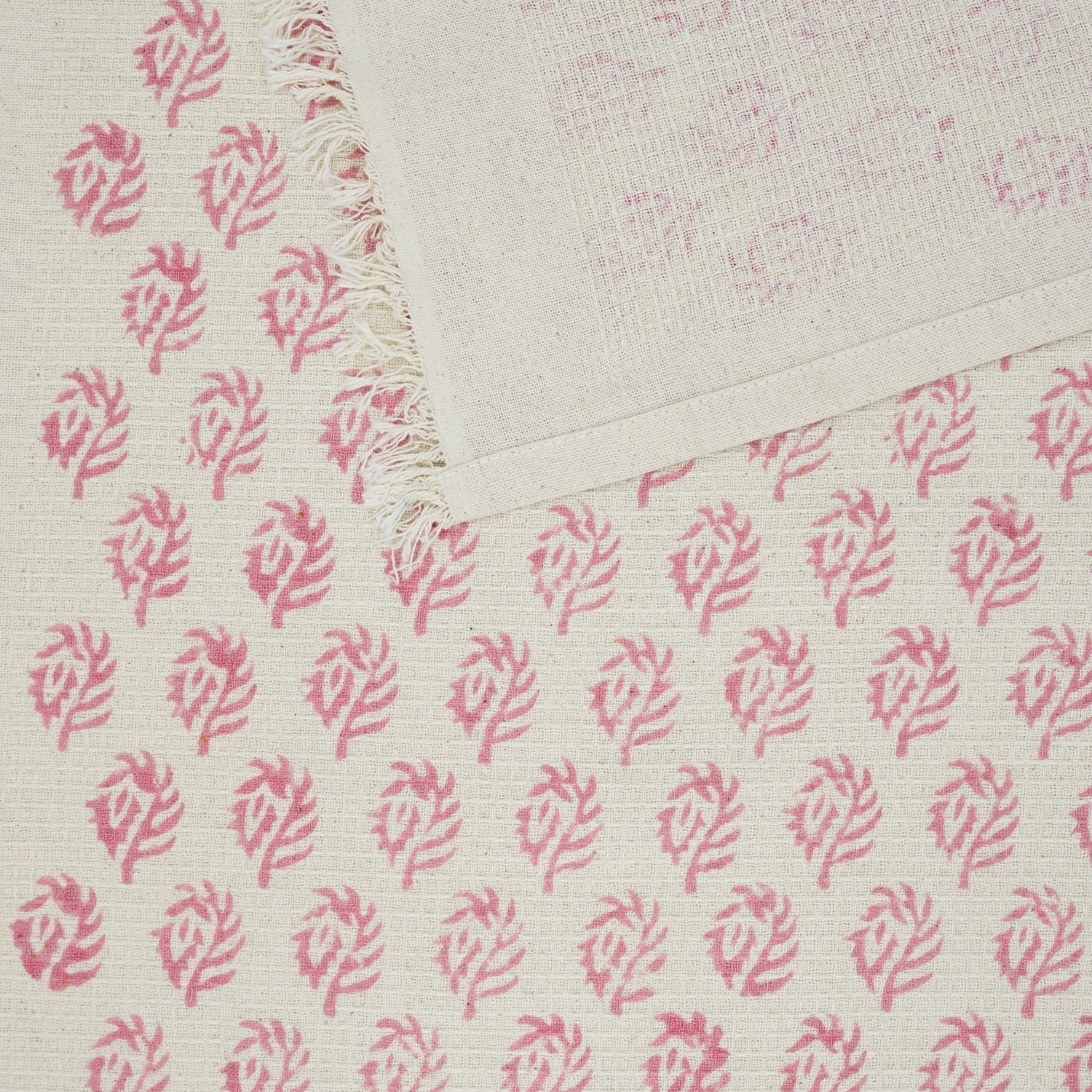 Handmade Leaf Printed Cotton Waffle Towels Quick Dry - Murli Pink By Fabdivine