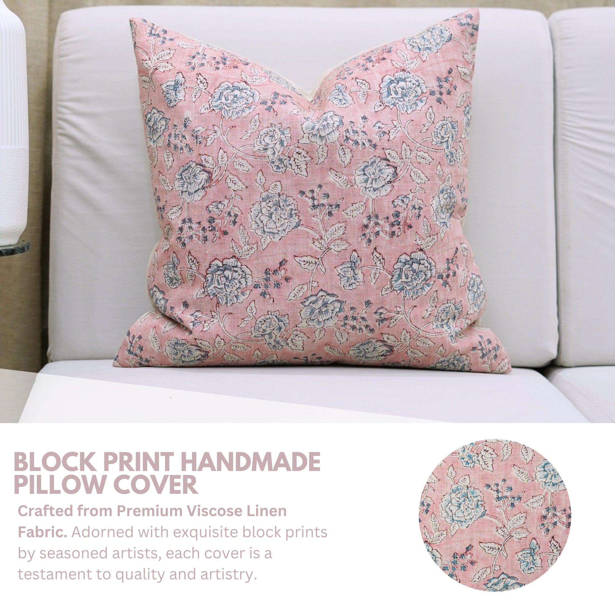Handcrafted Light Pink and Gray Floral Throw Square Pillow Case in Viscose Linen – Rameshwaram