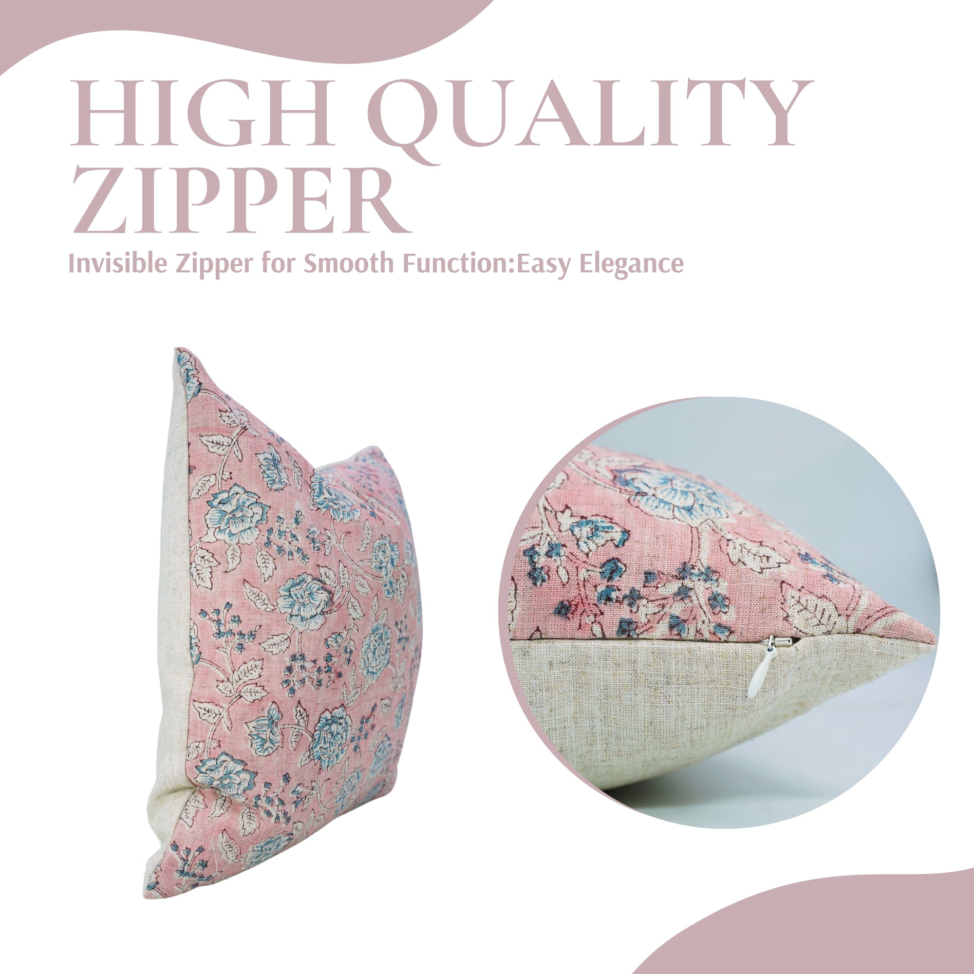 Handcrafted Light Pink and Gray Floral Throw Square Pillow Case in Viscose Linen – Rameshwaram