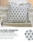 Block Printed Floral Off-White Linen Gray Frill Cushion Case for Farmhouse Decor - Genda Pushpa