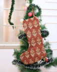 Handmade Block Printed Mormukut Thick Linen Christmas Stockings in Brown & Yellow with Pompom Festive Holiday Decor for Home