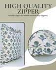 Block Printed Floral Off-White Linen Gray Frill Cushion Case for Farmhouse Decor - Genda Pushpa