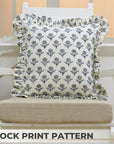 Block Printed Floral Off-White Linen Gray Frill Cushion Case for Farmhouse Decor - Genda Pushpa