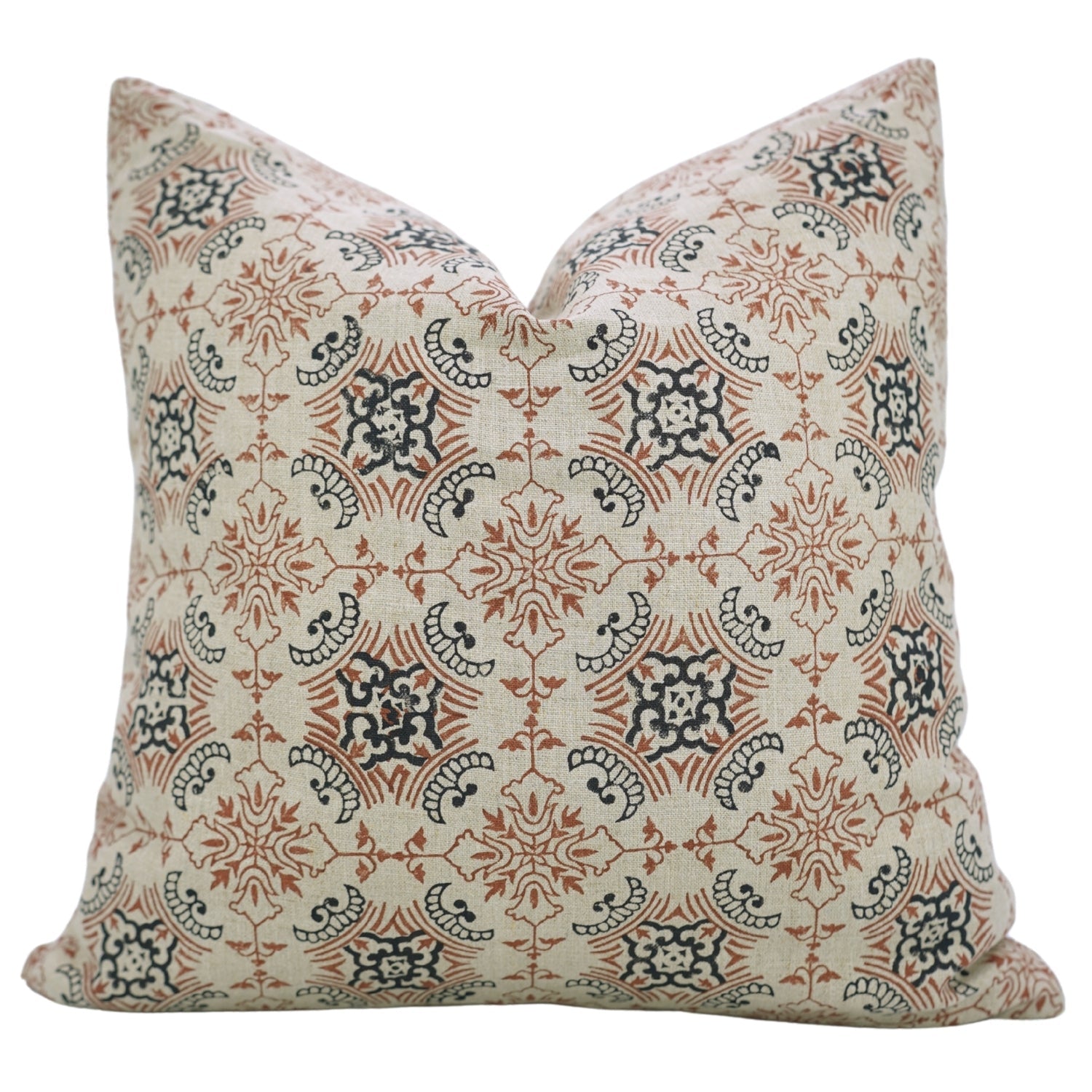 Indian Hand Printed Black and Brown Floral Throw Cushion Case in Pure Linen – Chakrvyuh Design