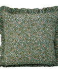Handmade Floral Design Block Printed Pure Linen Frill Pillow Cover - Himachal