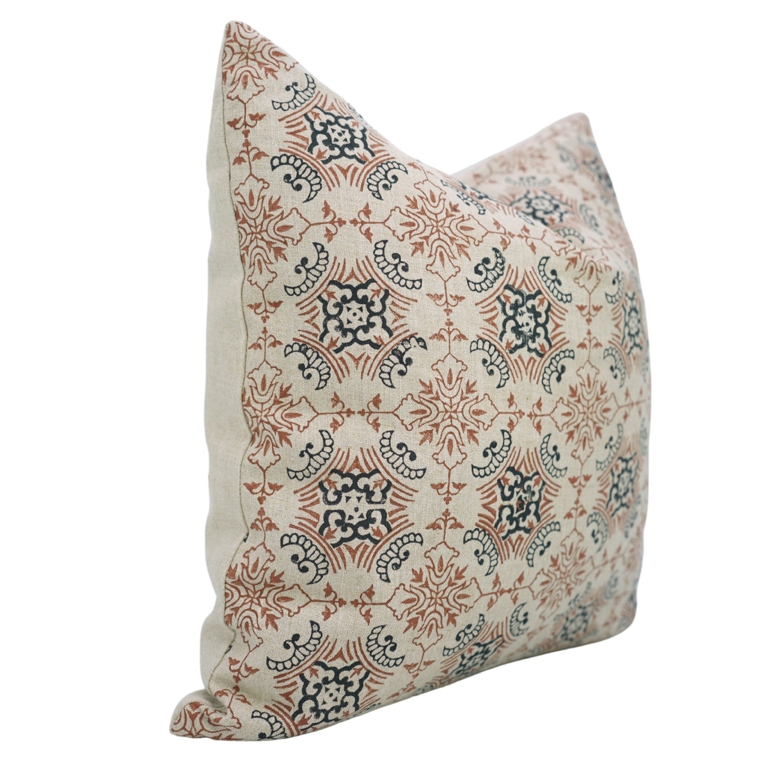 Indian Hand Printed Black and Brown Floral Throw Cushion Case in Pure Linen – Chakrvyuh Design