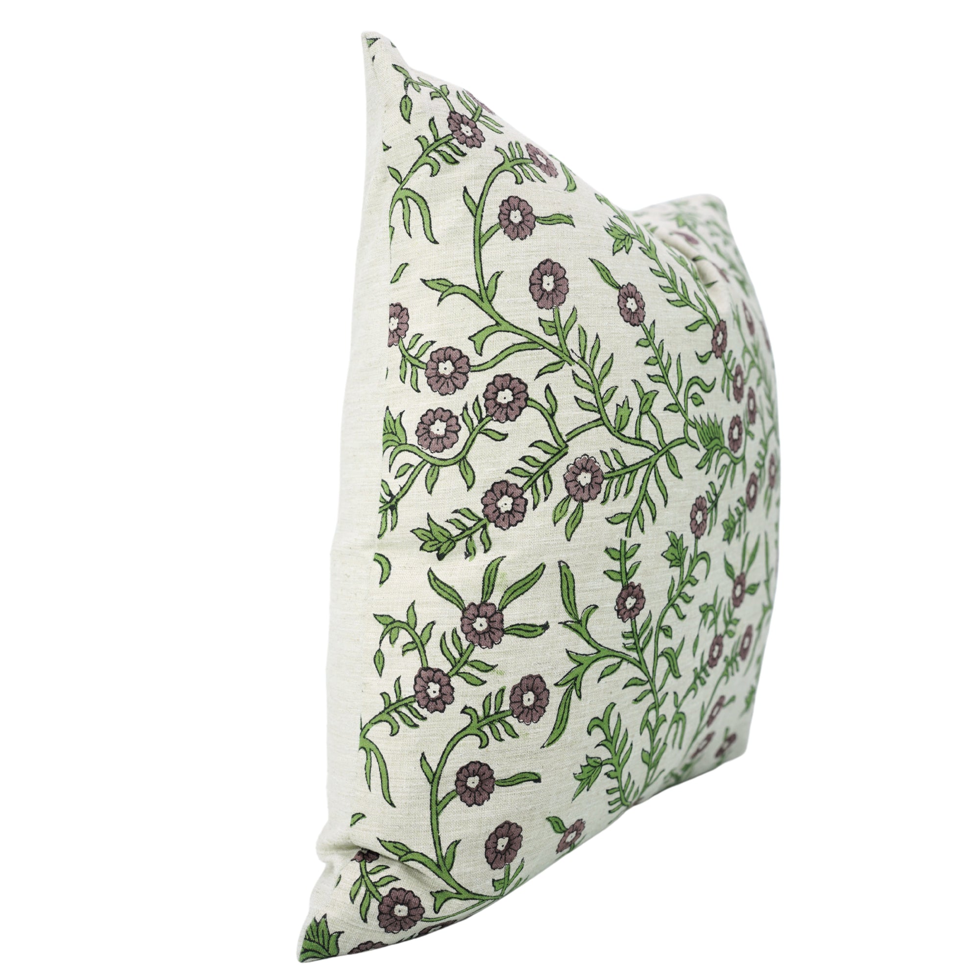 Purple and Green Leaf Printed Throw Cushion for Indoor Décor in Linen Blend – Shehjan Design