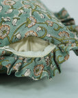 Handmade Floral Design Block Printed Pure Linen Frill Pillow Cover - Himachal