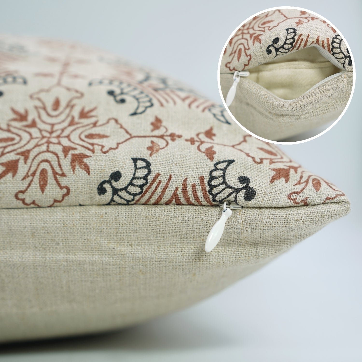 Indian Hand Printed Black and Brown Floral Throw Cushion Case in Pure Linen – Chakrvyuh Design