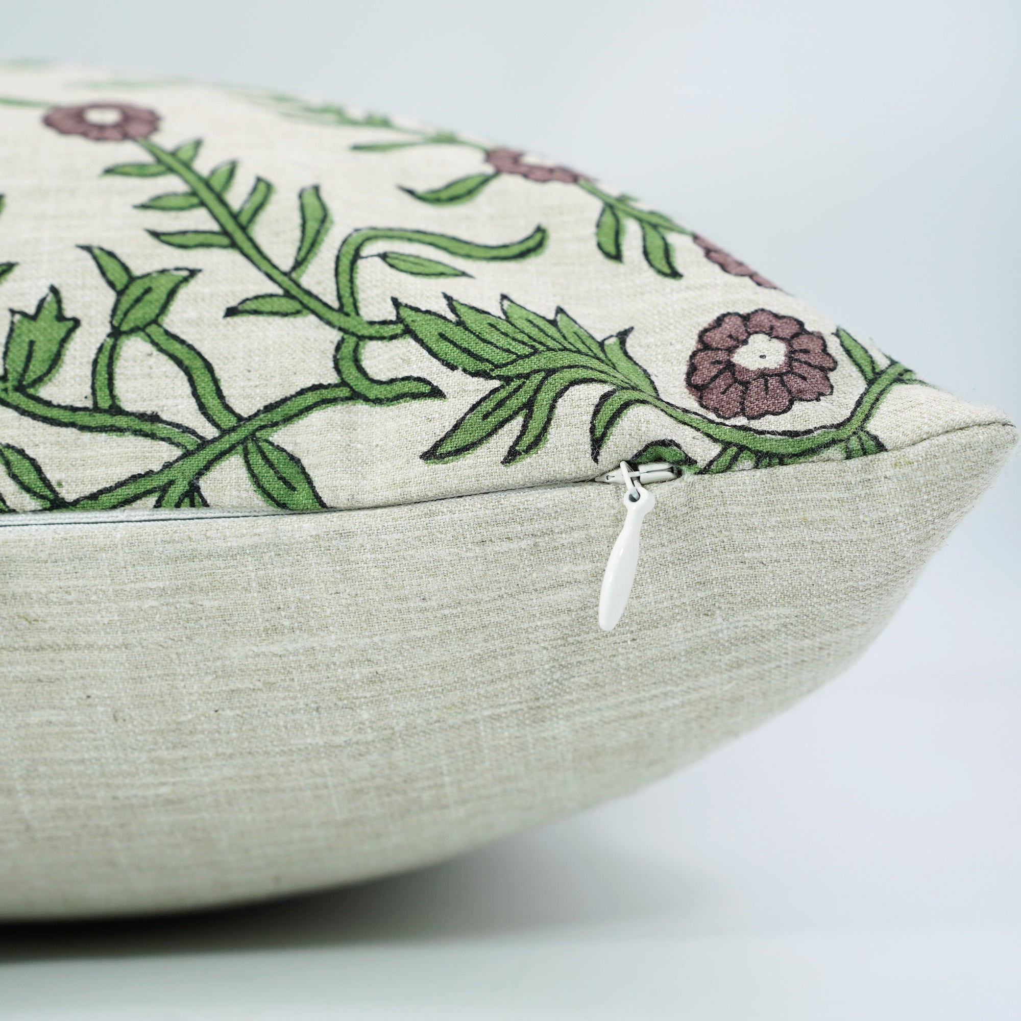 Purple and Green Leaf Printed Throw Cushion for Indoor Décor in Linen Blend – Shehjan Design
