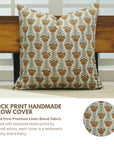 Handblock Printed Linen Blend Boho Pillow/Cushion Cover in Warm Brown for Farmhouse Decor - LOTUS