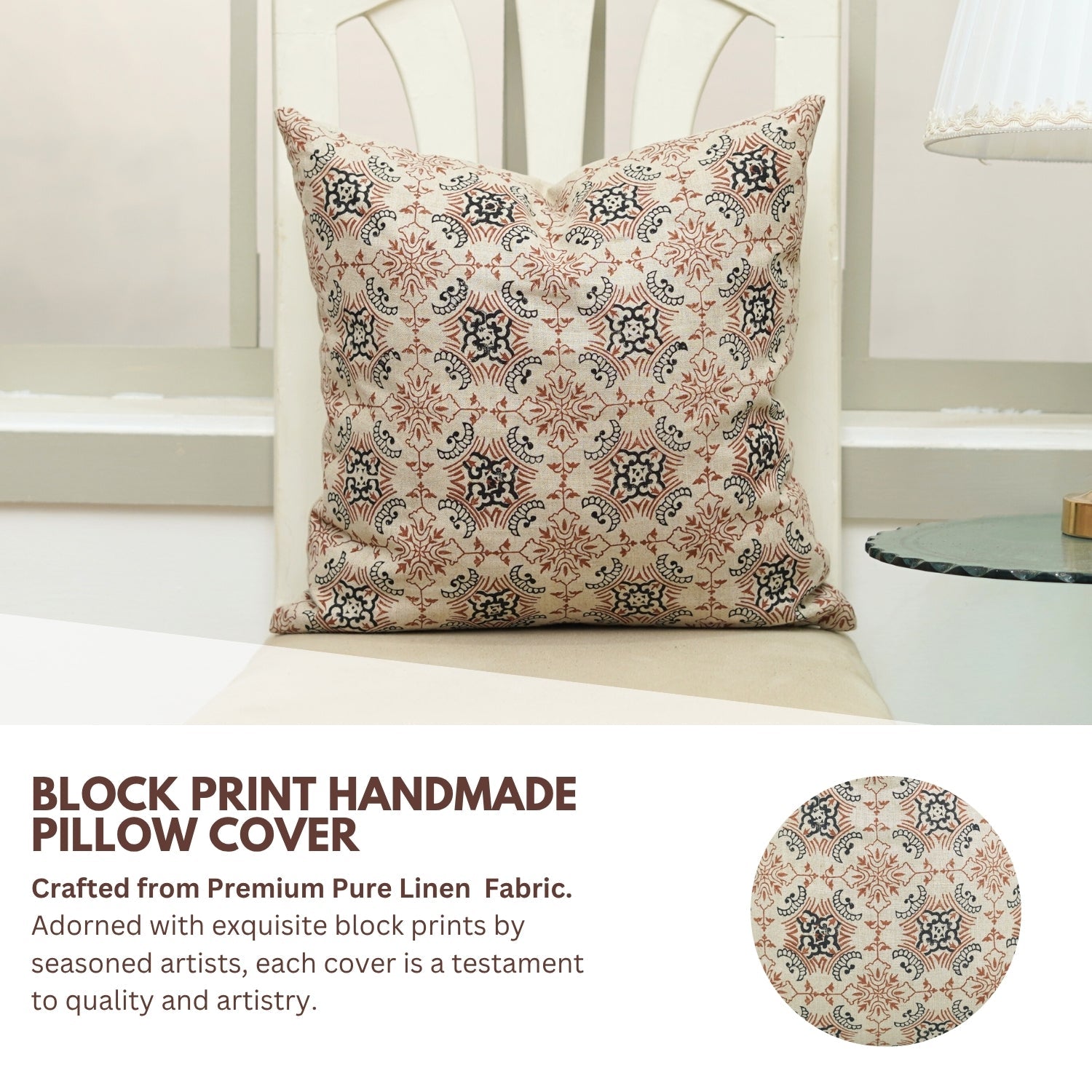 Indian Hand Printed Black and Brown Floral Throw Cushion Case in Pure Linen – Chakrvyuh Design