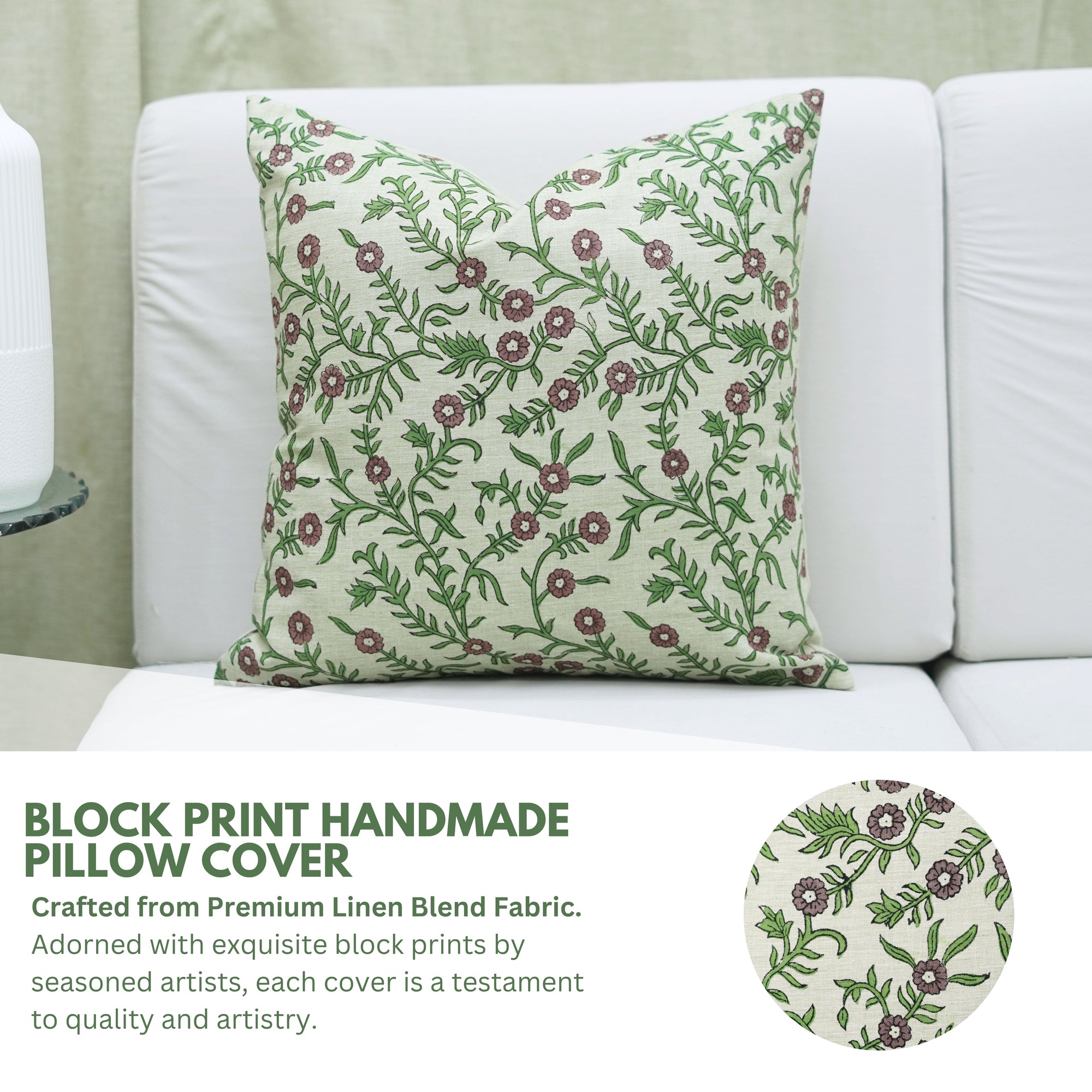 Purple and Green Leaf Printed Throw Cushion for Indoor Décor in Linen Blend – Shehjan Design
