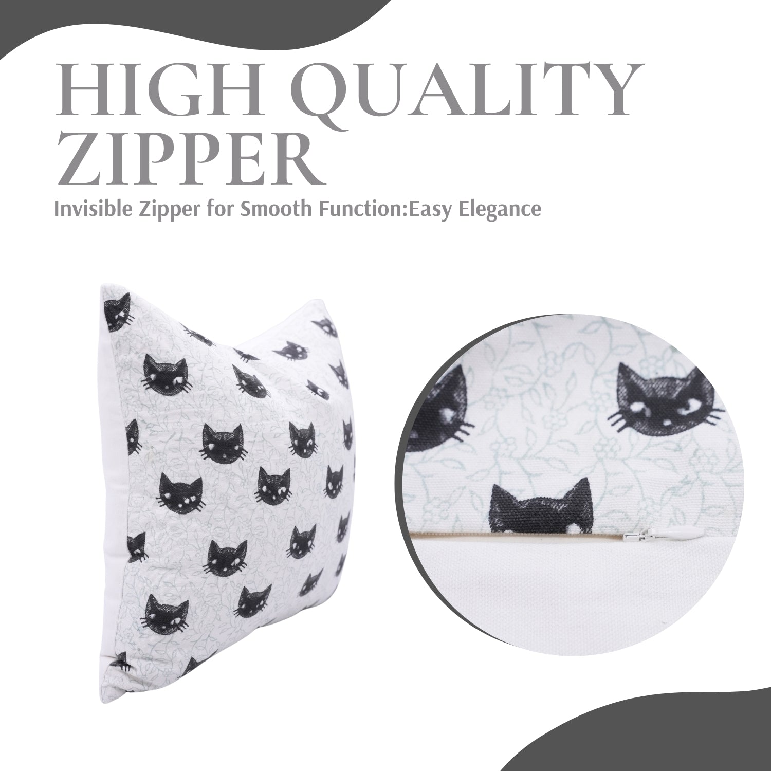 White pouch with black cat patterns and an inset showing a zipper, labeled 'High Quality Zipper'.