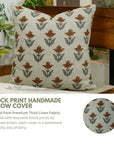 Hand Block Printed Brown & Gray Thick Linen Pillow Cover For Farmhouse & Living Room - Tulip