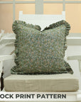 Handmade Floral Design Block Printed Pure Linen Frill Pillow Cover - Himachal