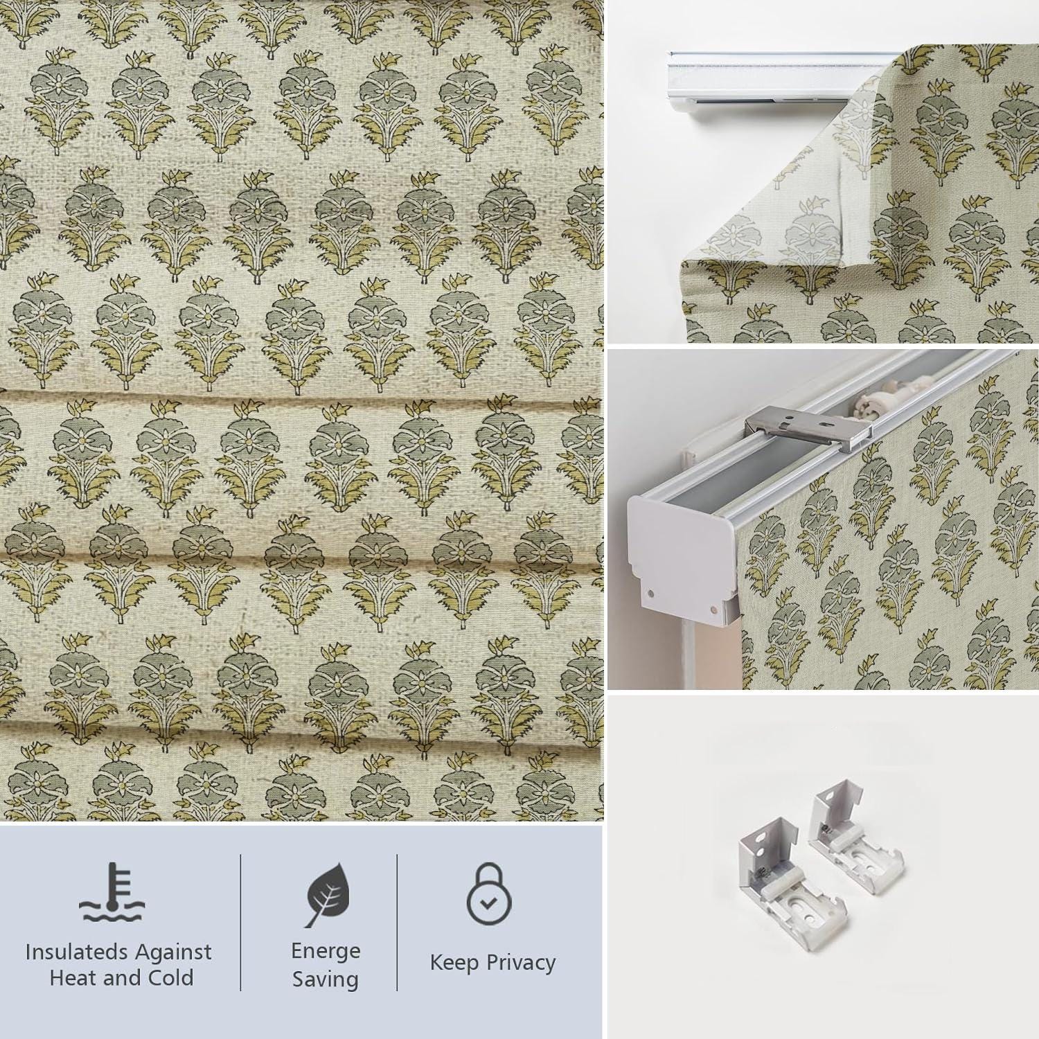 Hand Block Roman Shade in Pure Linen Gray & Deep Green Botanical Window Elegance - Mormukut