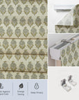 Hand Block Roman Shade in Pure Linen Gray & Deep Green Botanical Window Elegance - Mormukut