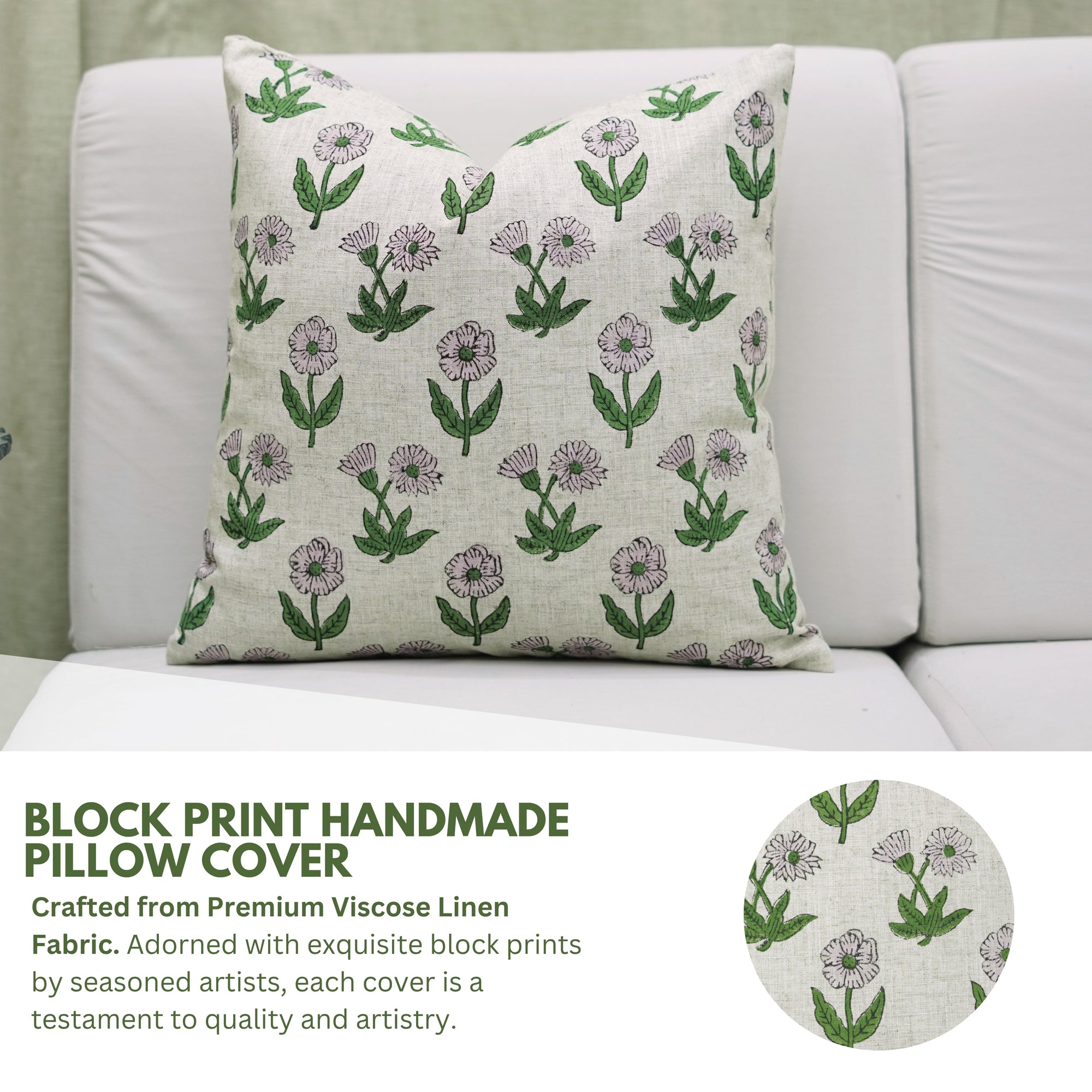 Purple Floral Boho Handblock Printed Throw Cushion Cover in Viscose Linen – Kirti Design