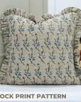 Block Printed Thick Linen Frill Pillow Cover - Deepika in Gray and Blue