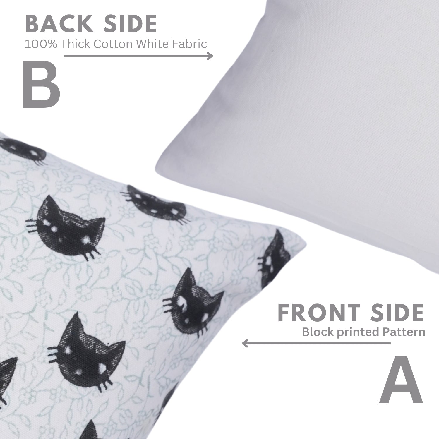 Textile with black cat pattern on white fabric, showing front and back sides.