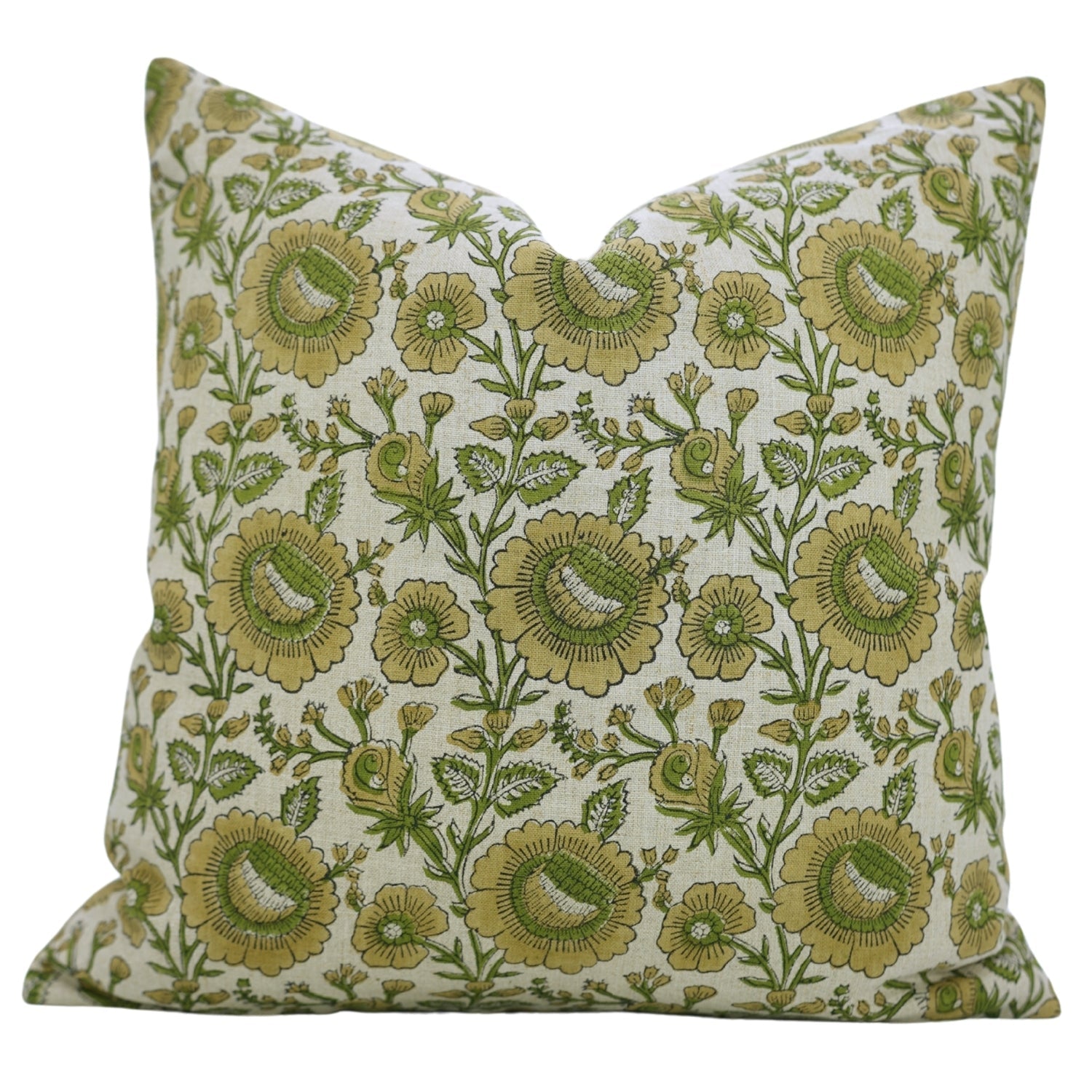 Block Printed Pure Linen Green Boho Throw Pillow Cover with Knife Edges - Sunflower