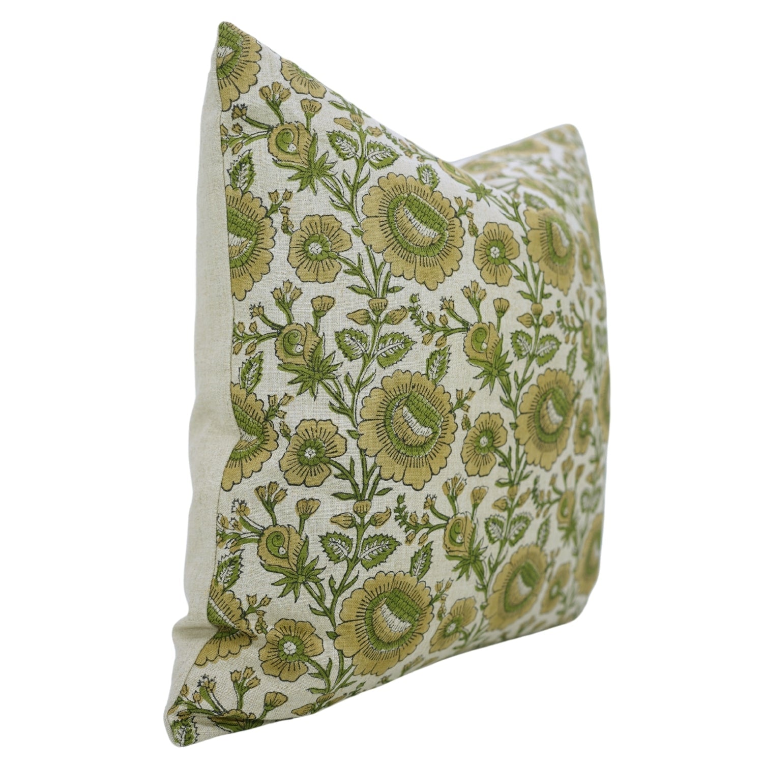 Block Printed Pure Linen Green Boho Throw Pillow Cover with Knife Edges - Sunflower