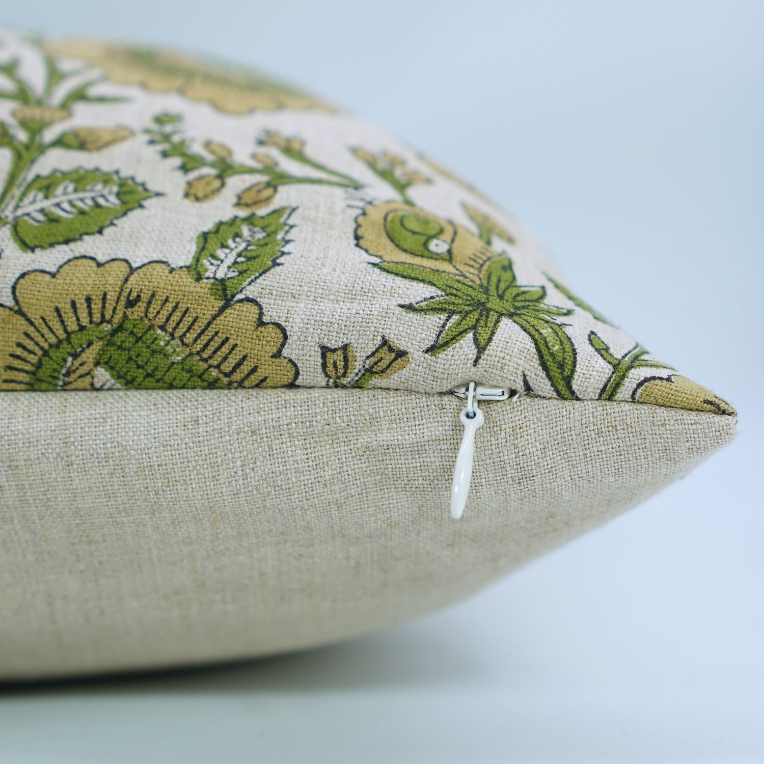 Block Printed Pure Linen Green Boho Throw Pillow Cover with Knife Edges - Sunflower