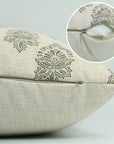 Linen Blend Indoor Pillow Cover Hand Block Printed Pink and Gray Floral with Invisible Zipper