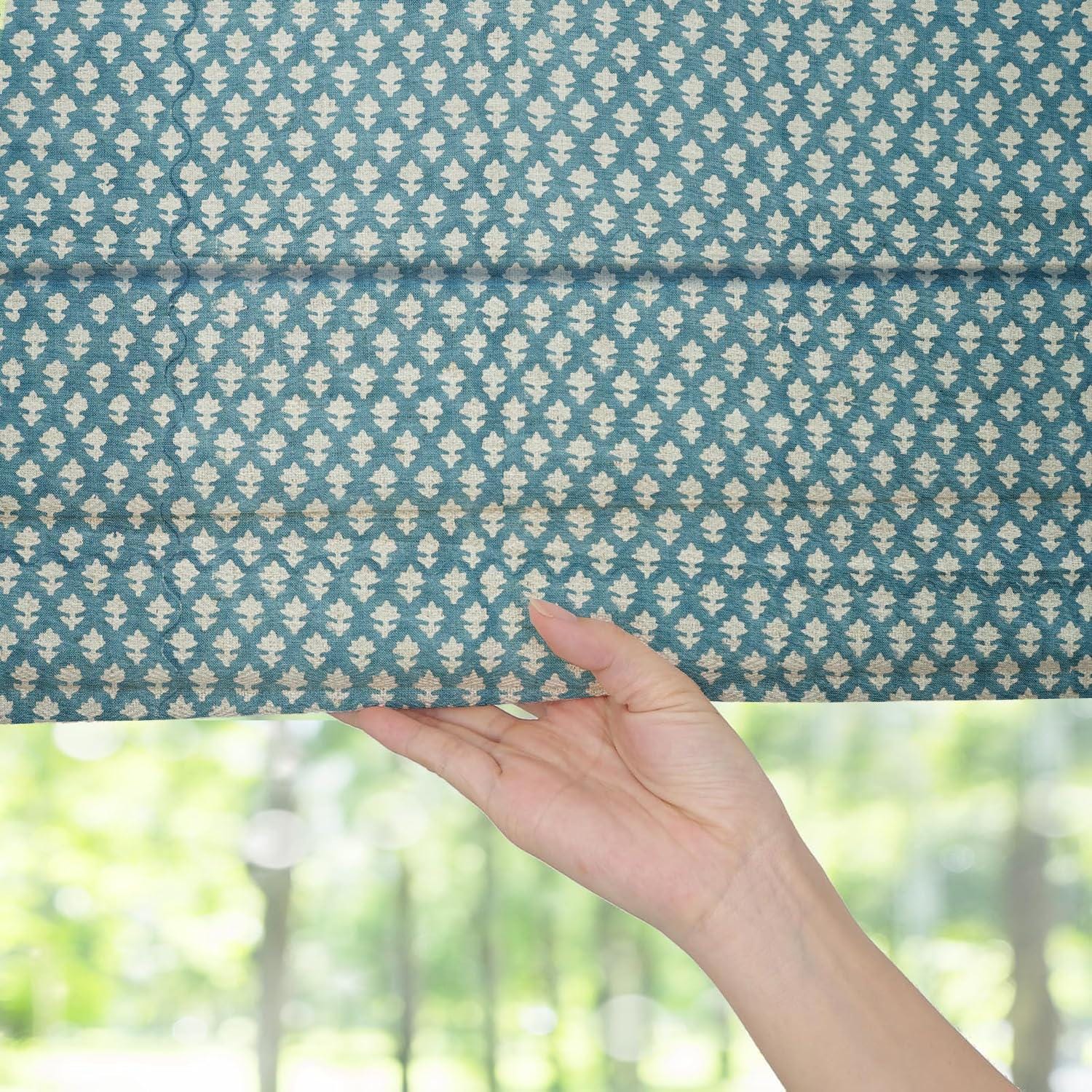 Handblock Printed Bluish Floral Pure Linen Window Covering Boho Bloom Roman Shade For Home Decor - PINKCITY