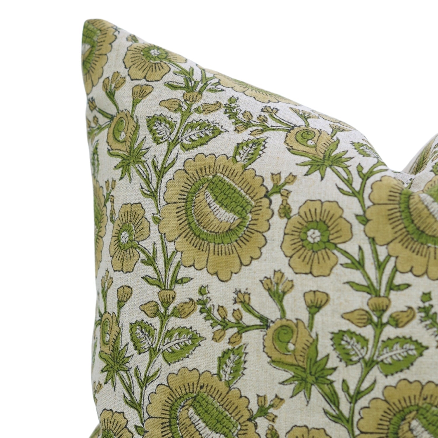 Block Printed Pure Linen Green Boho Throw Pillow Cover with Knife Edges - Sunflower