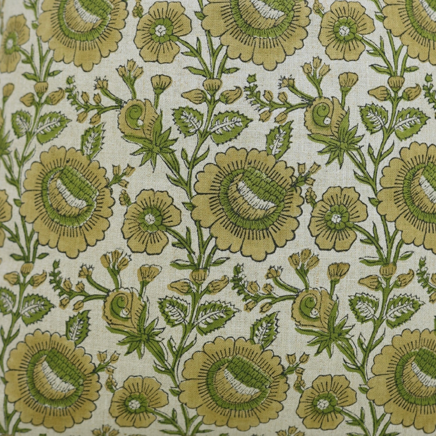 Block Printed Pure Linen Green Boho Throw Pillow Cover with Knife Edges - Sunflower