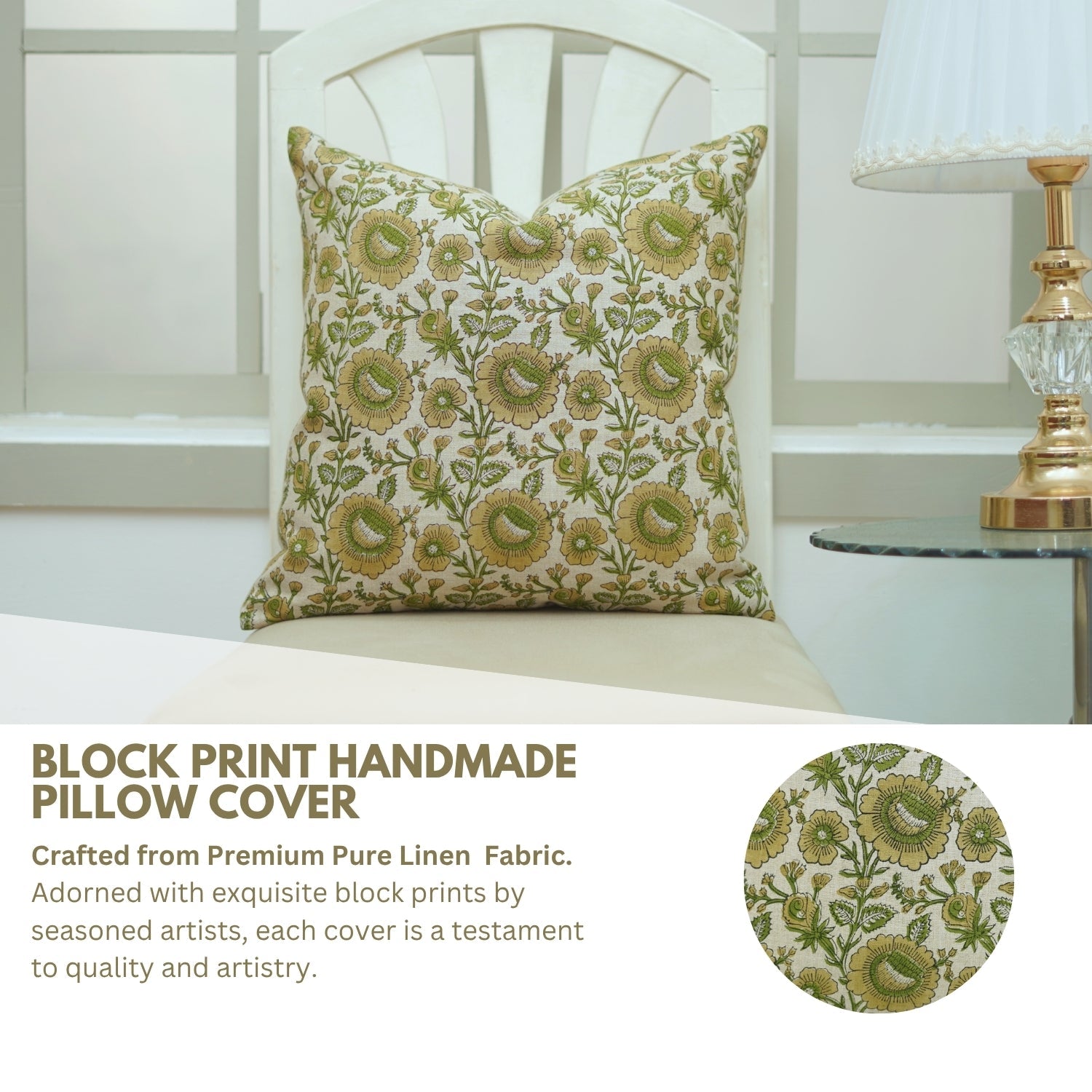 Block Printed Pure Linen Green Boho Throw Pillow Cover with Knife Edges - Sunflower