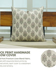 Linen Blend Indoor Pillow Cover Hand Block Printed Pink and Gray Floral with Invisible Zipper