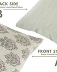Linen Blend Indoor Pillow Cover Hand Block Printed Pink and Gray Floral with Invisible Zipper