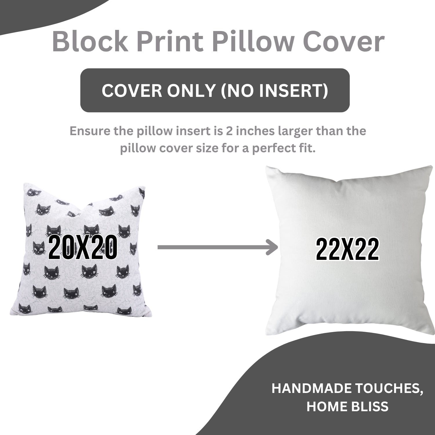 Block print pillow cover with dimensions and instructions on a white background